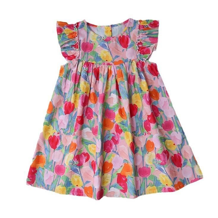 Girls Summer Sweet Tulip Print Round Neck Flutter Sleeve Cotton Princess Dress Stylish Kids Clothing 90cm