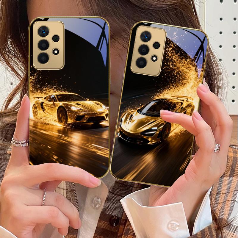 Flying golden supercar For Samsung A 01 52S A04 A05S A10 A12 13 22 23 24 36 42 M02 Note 10 20Ultra 8 9 Golden glass phone case