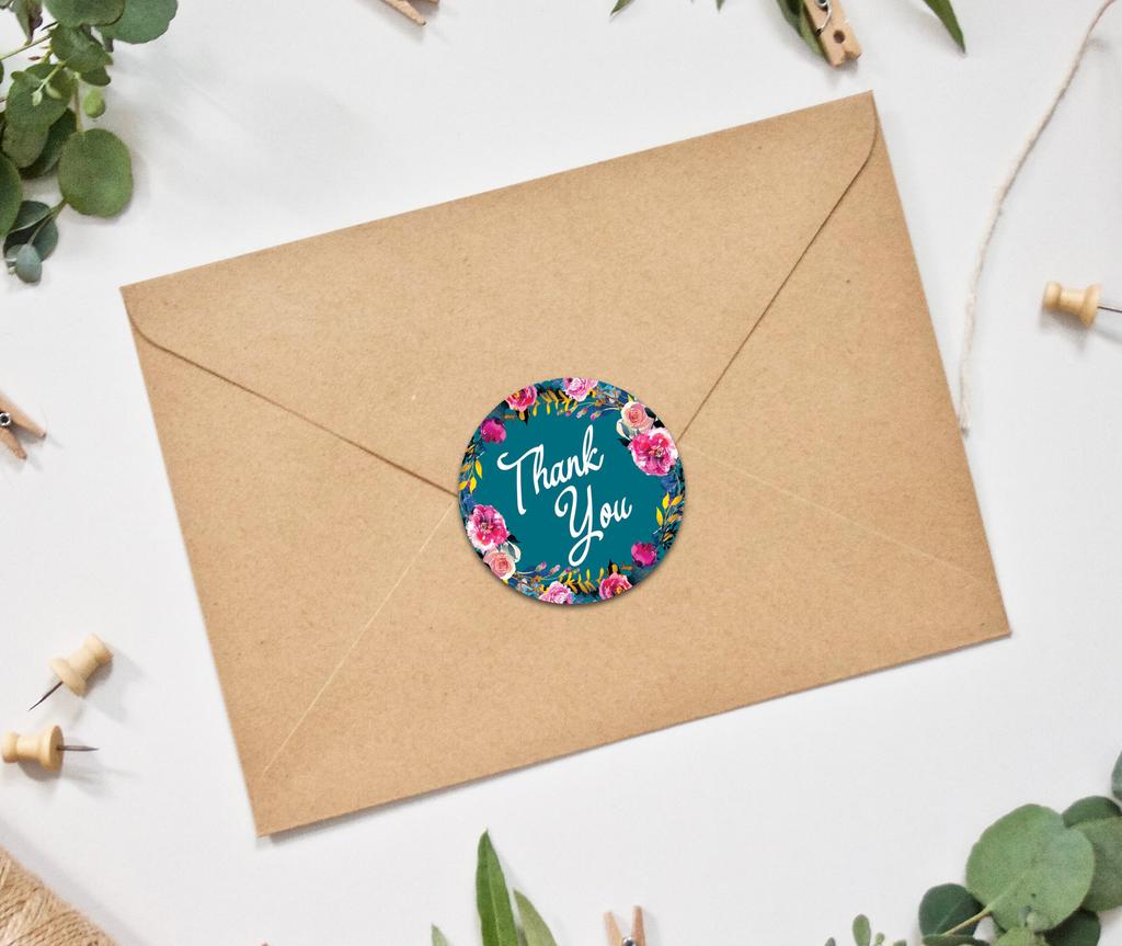 Darling Souvenir Round 45 Pcs Floral & Vines Border Black Thank You Stickers Envelope Seal-1.6