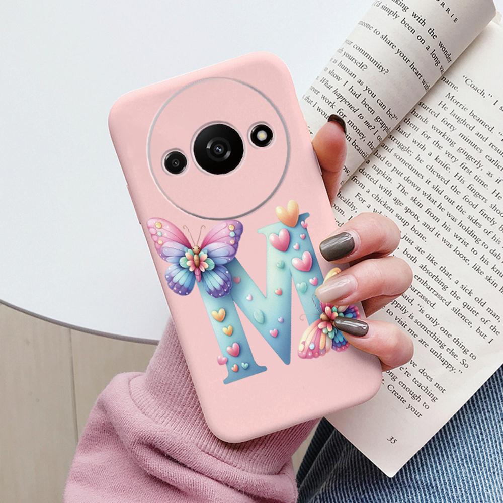Handyhülle für Xiaomi Redmi A3 4G A3x Rosa Buchstabe Blume Schmetterling Stoßfest Weiches Silikon Cover Kameraschutz TPU Fundas