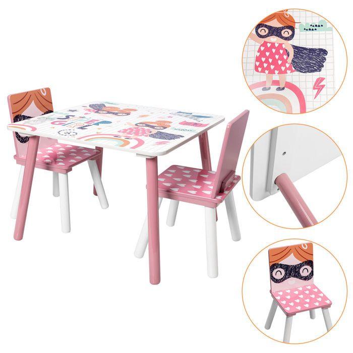 GINGER HOME Ensemble Table et 2 Chaises en Bois pour Enfants – Super Girl – Blanc et Rose – Apprentissage et Loisirs