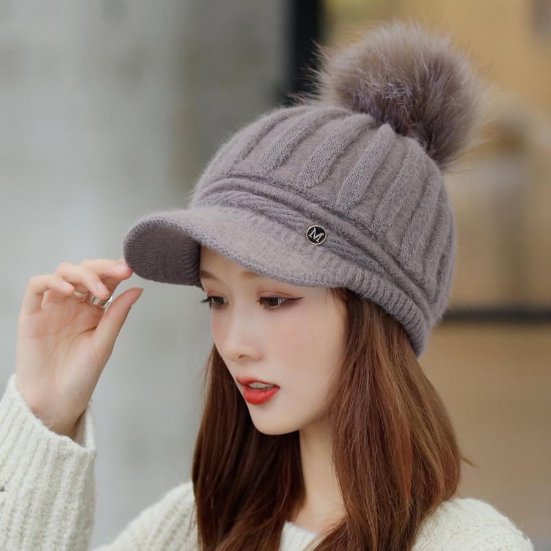 

Вязаная бейсболка из меха кролика в корейском стиле для женщин — однотонная шерстяная зимняя шапка с защитой ушей и бархатной подкладкой. M (56-58cm) кофейный