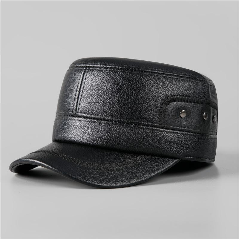 Hat Men's Winter Leather Hat Autumn and Winter Fleece Ear Protector Flat Top Hat Peaked Cap