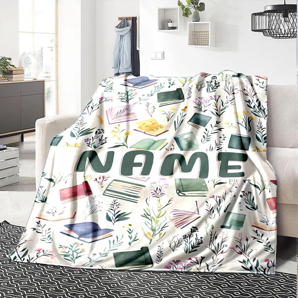 Books And Flowers Pattern With The Word In The Center Multipurpose Customizable Blanket Customize Text Durable Comfort Suitable For Sofa Couch Office