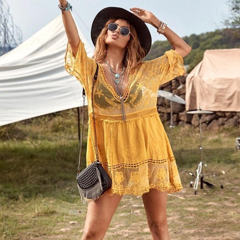 V Neck Summer Sunscreen Smock Loose Beachwear Shirt Fashion Bikini Cover-Ups for Women