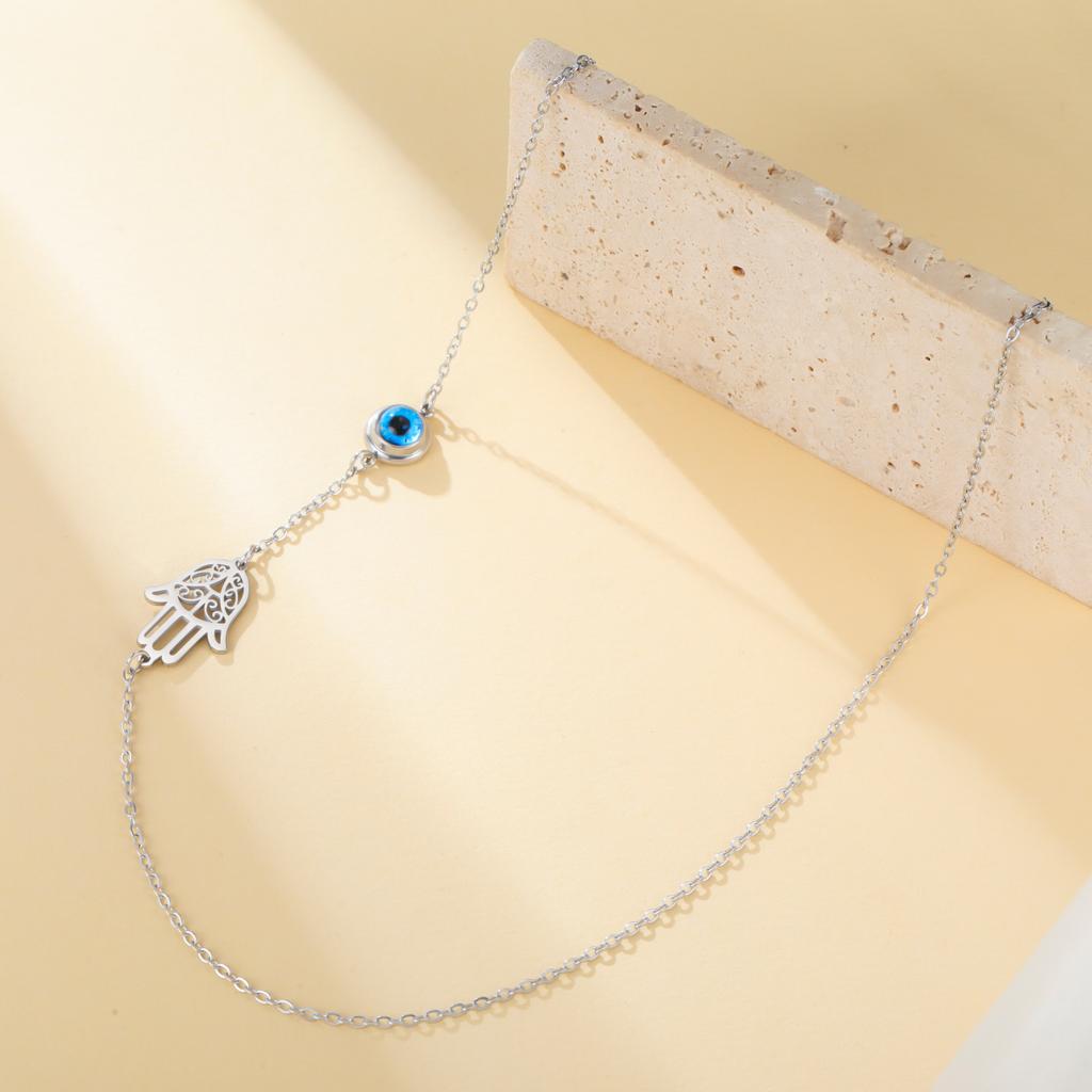 Blue Evil Eye Hamsa Fatima Hand Pendant Necklace Stainless Steel Gold Chains Amulet Lucky Jewelry Gift for Women