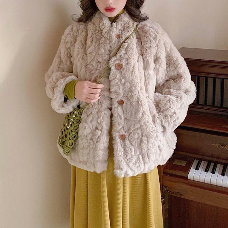 Lamb wool imitation fur coat women's autumn and winter loose plush cotton clothes cotton clothes short top