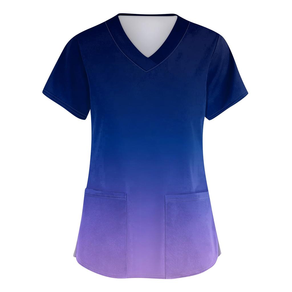 Women's fashionable V-neck short-sleeved pocket protective work uniform with printed design