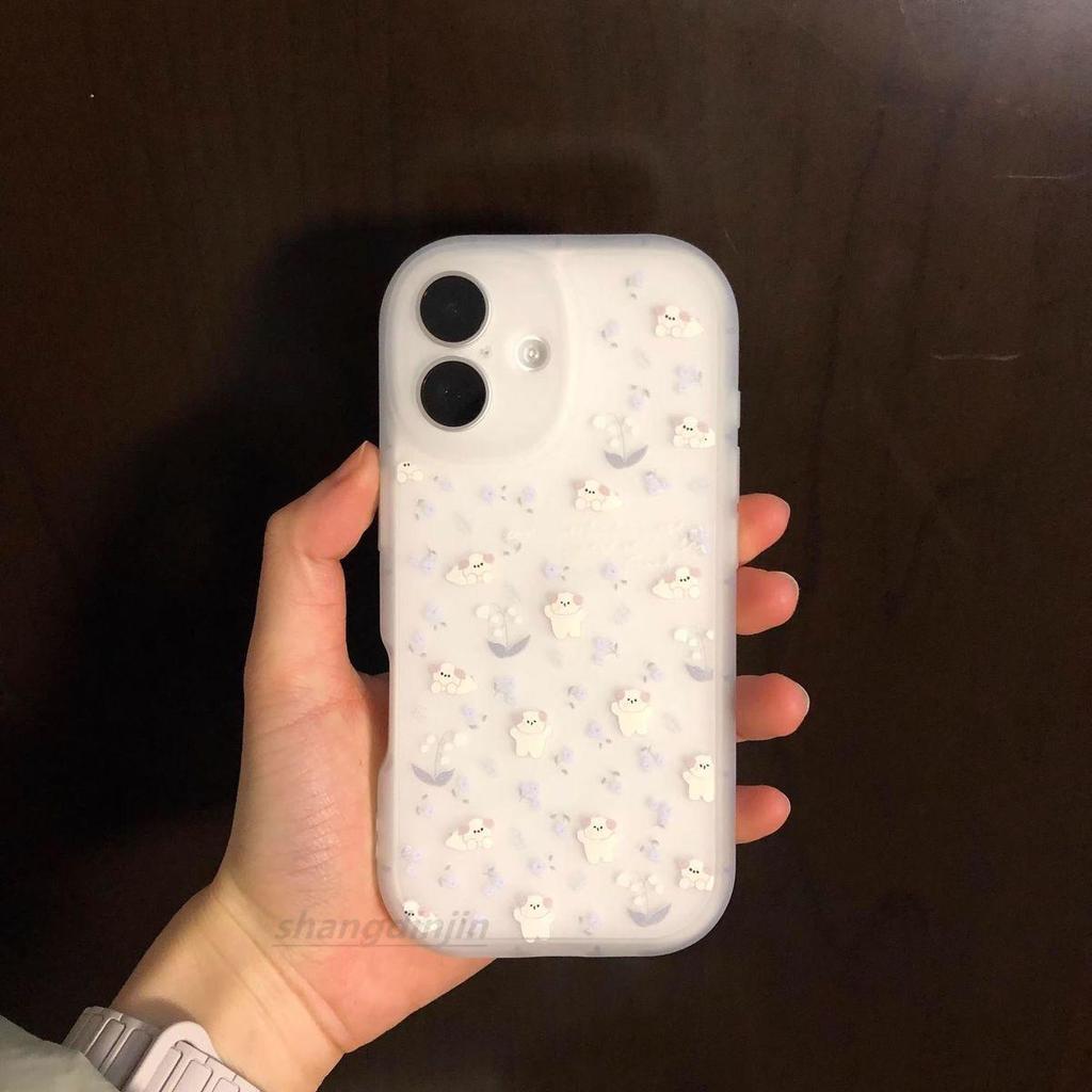 Cute Purple Floral Puppy Phone Case for iPhone 17 Pro Max Apple 14-16, Transparent 15