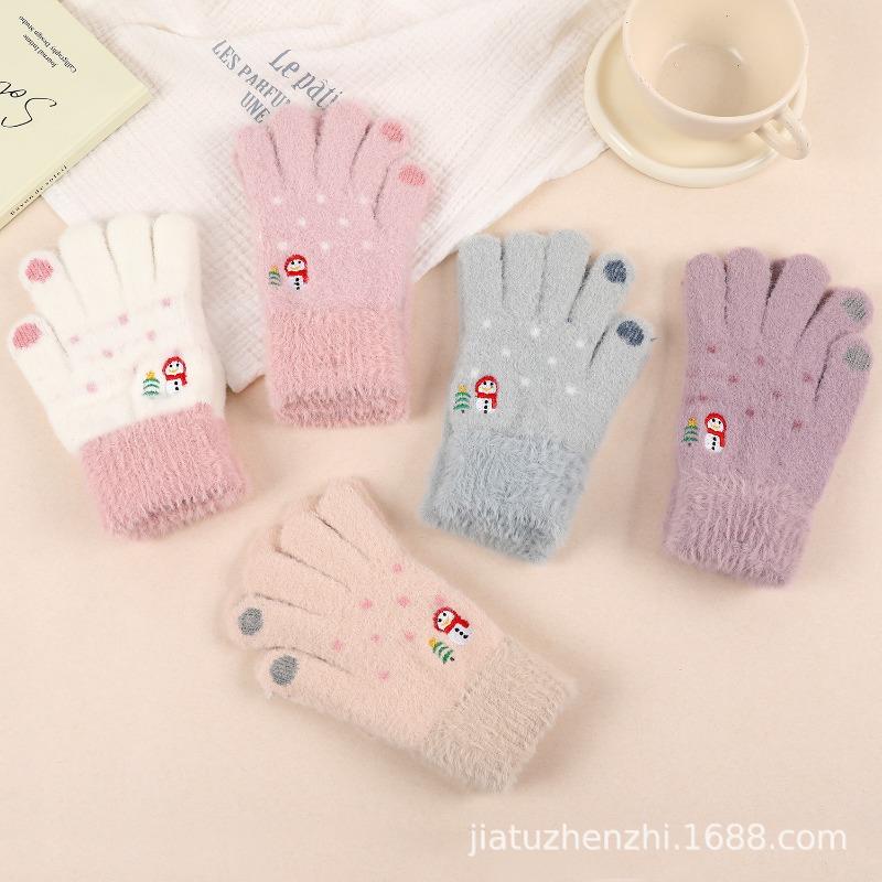 Christmas Atmosphere Can Be Cute Snowman Embroidered Plush Gloves Women's Winter Plush Thermal Gloves