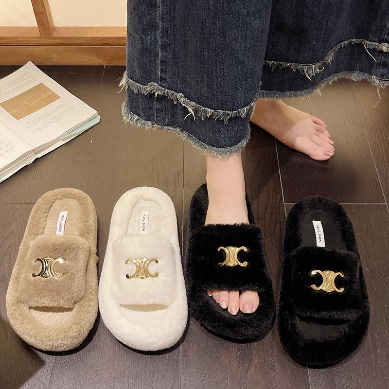 Mao Mao Slippers Wear Women's 2025 New Autumn and Winter Commuting One-character Cotton Drag Versatile Fish Mouth To Keep Warm One Pedal