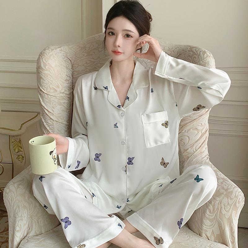 Women's Ice Silk Solid Color Pajama Set - Long Sleeve, Long Pants for Spring, Summer, and Autumn.
