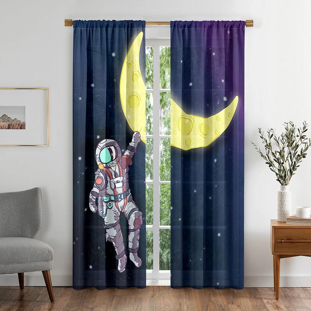 Cute Cartoon Outer Space Astronaut Curtain for Kids Boys Girls Bedroom 2 Panel High Shading New Fashion Various Color Pattern