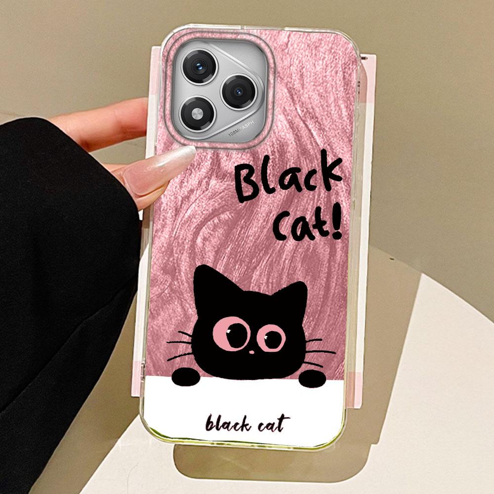 Green Cartoon Black Cat Camlet Texture Phone Case for Honor 400 200 Pro Magic7 6 5 Lite X9a X9c X8b X8a X8c Silicone Shell Cover