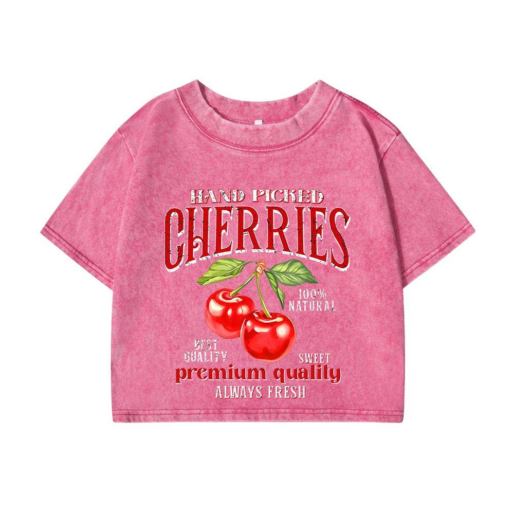 Women Cotton Crop Washed T-Shirts Hand Picked Cherries Prints Short Sleeve Distressed Tops Female Street Clothes