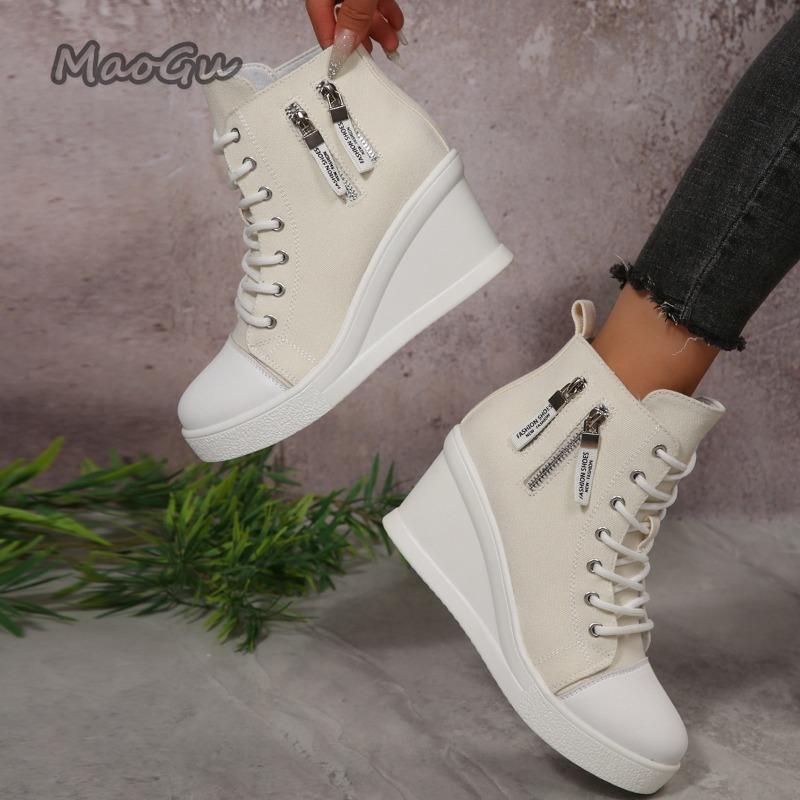 Fashion Canvas Shoes for Women Height Increase Season's Thick Soled Casual Ankle Boots Versatile Women Heeled Sneakers Ladies Shoes