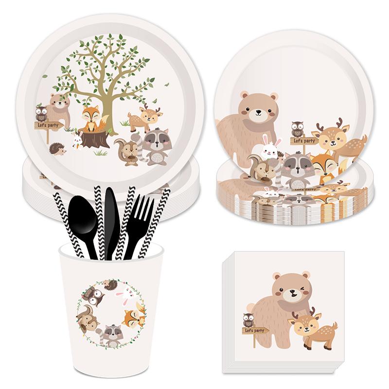 Džungle Zvíře Kreslený Motiv Narozeninová Dekorace Lesní Medvěd Liška Jelen Papírové Talíře Kelímky Narozeniny Baby Shower Párty Stolní Nádobí Deco