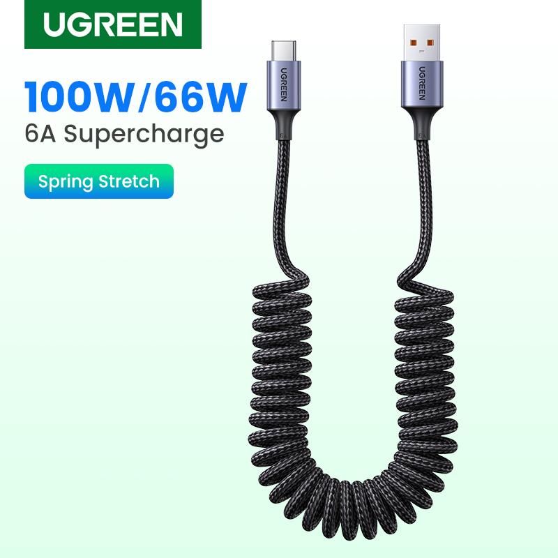 

UGREEN 6A 100 Вт USB USB Type C кабель для Huawei Honor Xiaomi 100 Вт/66 Вт пружинное телескопическое автомобильное зарядное устройство для быстрой зарядки USB