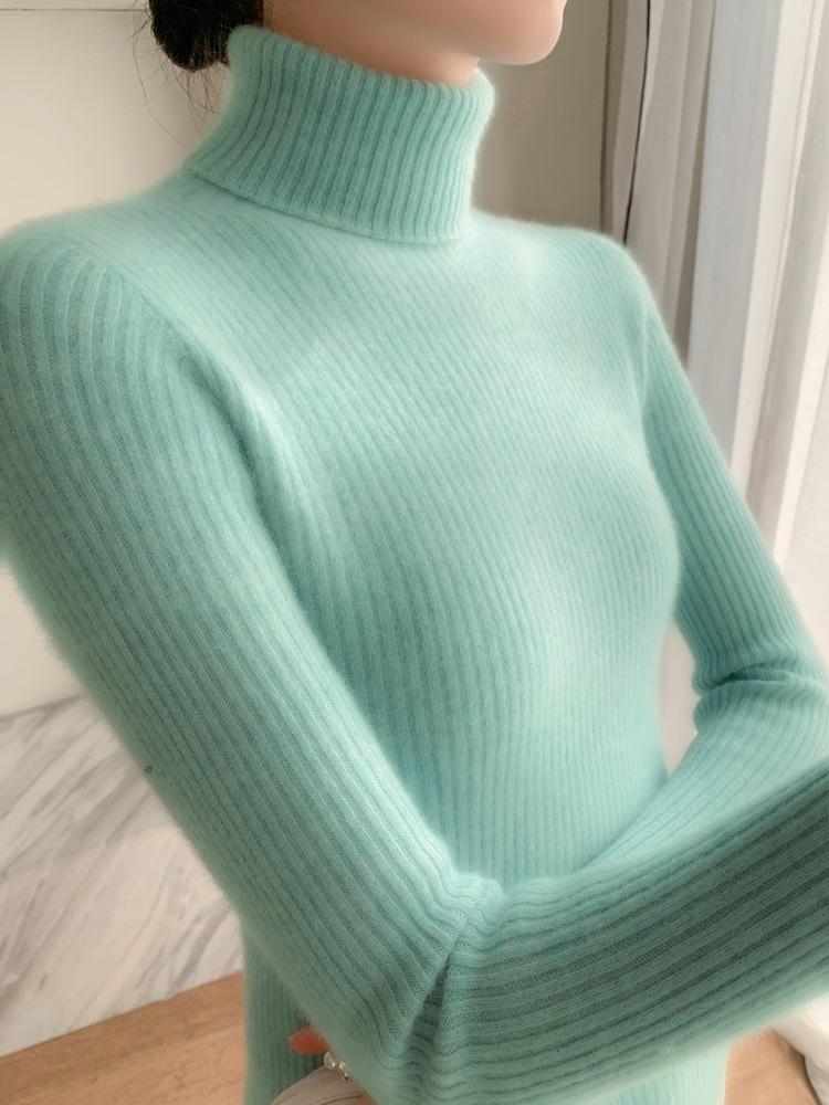 Women's Seamless Cashmere High-Neck Ribbed Sweater, Slim Fit, Body-Shaping, Slouchy Neck, Knit.