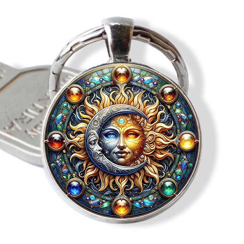 Cute Sun Moon Glass Pendant Keyring Portable Key Organizer For Gift Or Personal Use