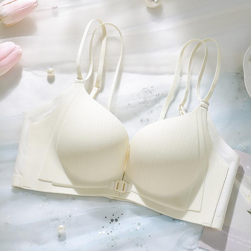 Summer Solid Color Front Buckle Women's Steel-free Back Bra Cover Gathers Medium and Thick Cup Thin Shoulder Strap New Model