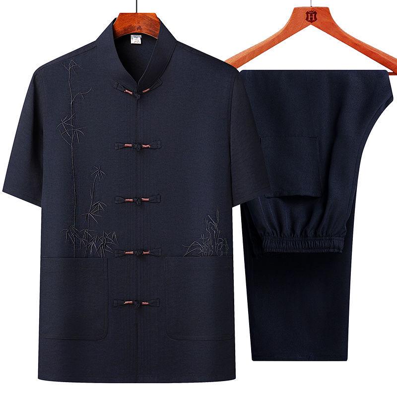 

Men s Tang Suit Summer Set: Loose, Short-Sleeve Shirt for Middle-Aged and Elderly Size 44 (Recommended 190-205 lbs)