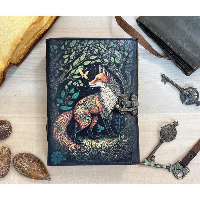Fox Print Leather Journal With Deckle Edge Paper Handmade Leather Journal Book of Shadows Perfect for Blank Spell Books Gift For Her Him