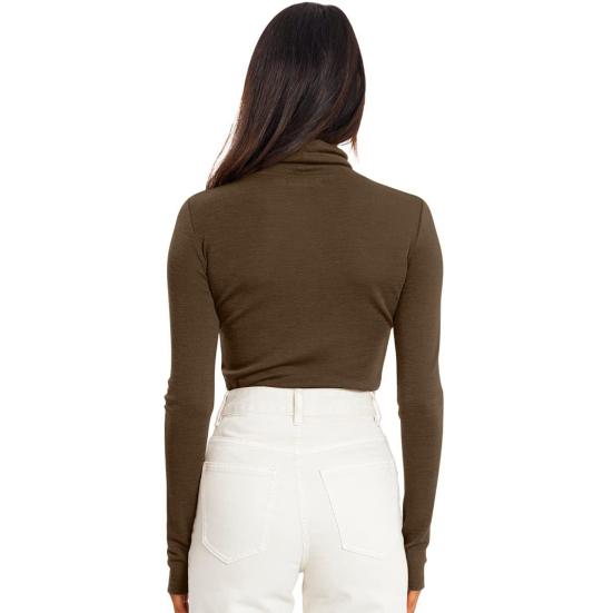 Women Bottoming Tops Slim Fit Stacked Collar Long Sleeve Solid Color Pullover Shirt Elastic Jumper Daily Wear