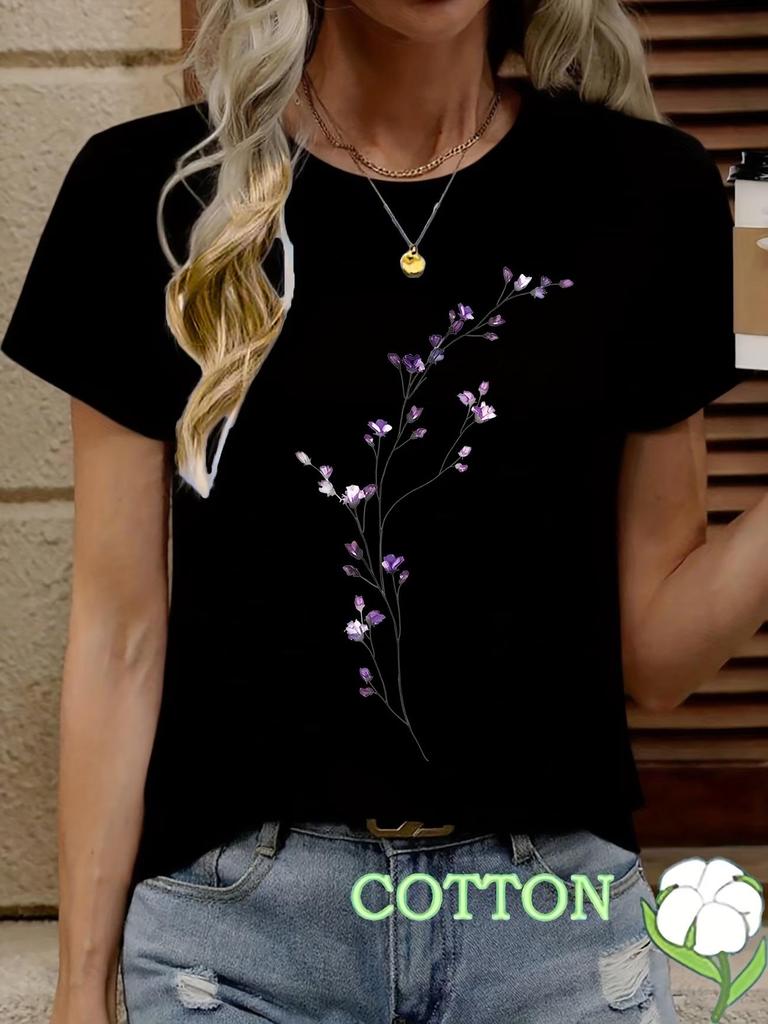 2026 Colorful Floral Round Neck Short Sleeve Casual Pure Cotton T-shirt