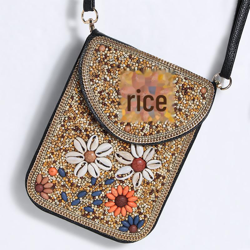 Exquisite Bohemian Style Crossbody Bag with Rice Beads, Shells, and Flowers