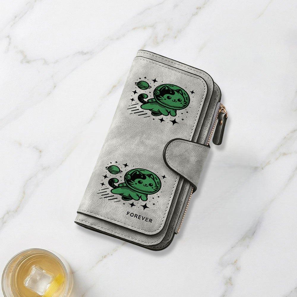 Fashionable Long Wallet with Space Cat Wearing Spacesuit Roaming Universe Print Design Eye Catching Multifunctional Portable Large Capacity with Card