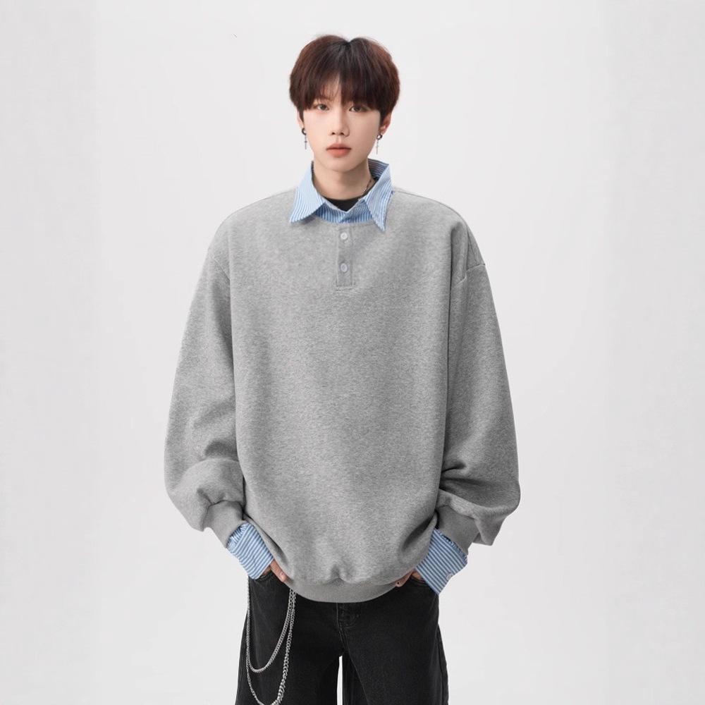 

Korean Style Fake Two-piece Sweatshirt for Men and Women in Autumn Loose and Versatile Lazy Lapel Polo Long-sleeved Jacket XXXL серый