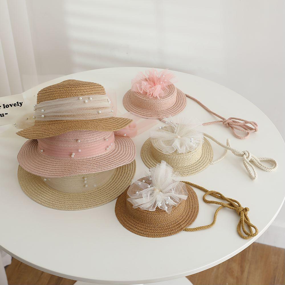 2pcs Set Girls Straw Hat Shoulder Bag Kids Summer Holiday Fisherman Hats Baby Princess Lace Pearl Bowknot Beach Straw Sun Cap