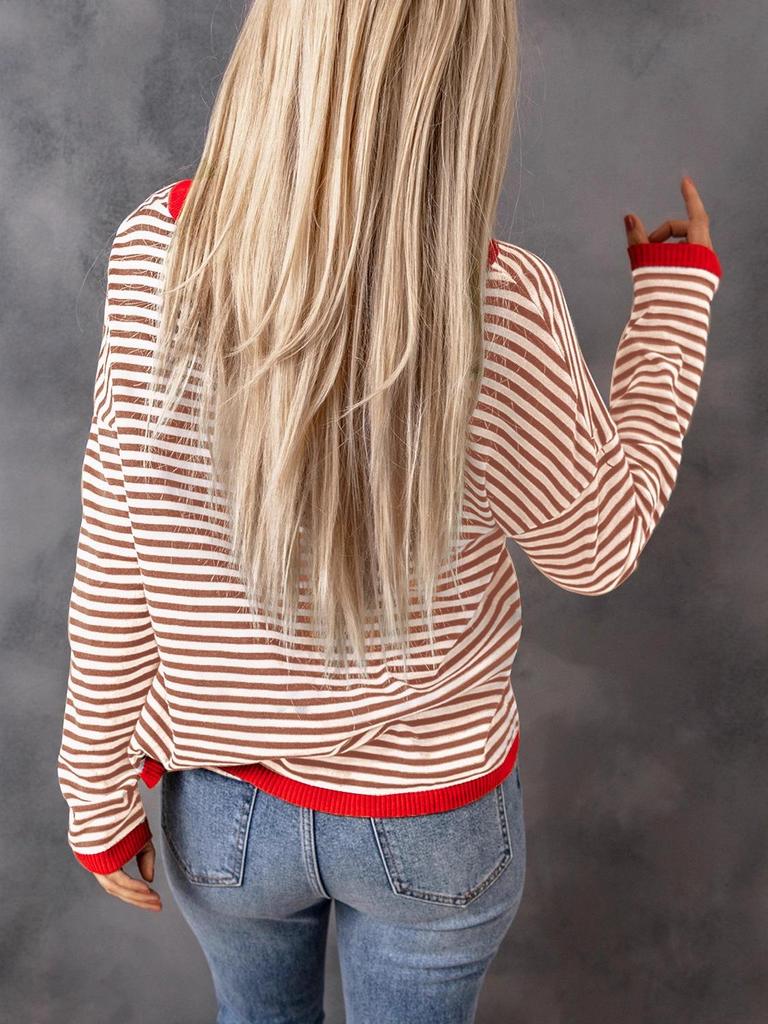 Shi Ying Women's Striped Drop Shoulder Sweater - Contrasting Trim, Loose Fit, Versatile Long Sleeve Knit Pullover.