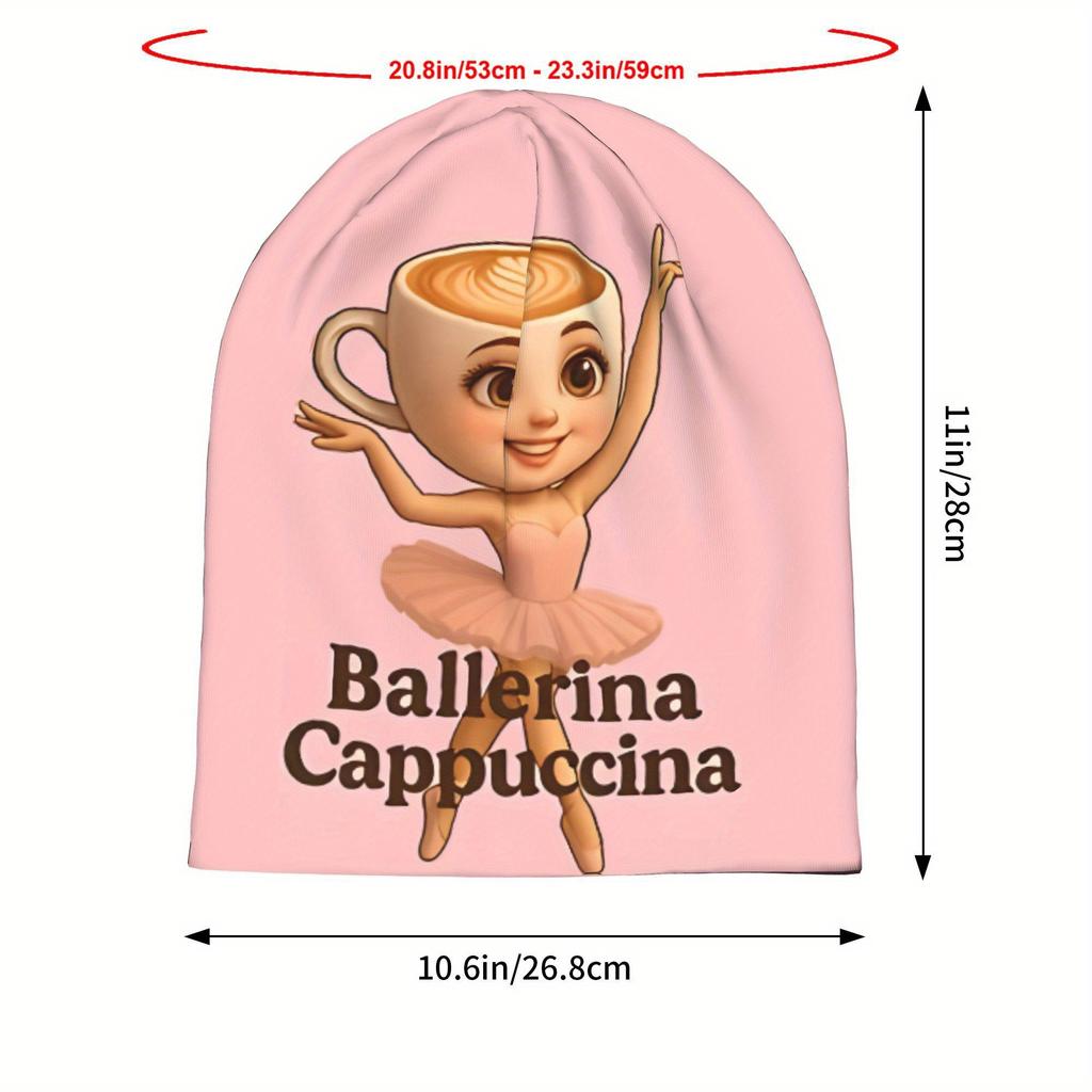 Ballerina Cappuccina Beanie - Unisex Hip Hop Knit Hat With Playful Ballet Dancer & Cup Design, Soft Pink, Stretchy & Comfortable