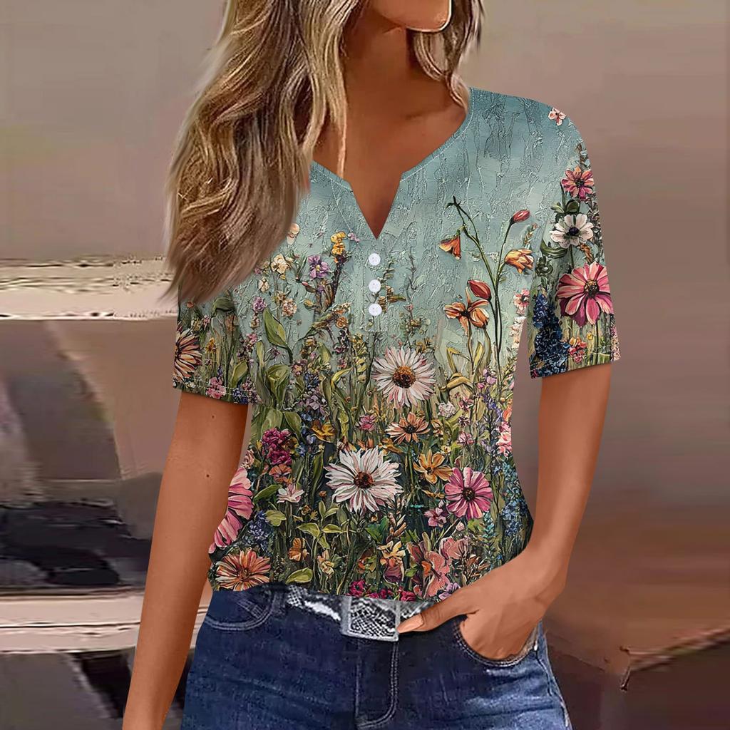 Women's T Shirt Tee Print Button Short Sleeve Daily Weekend Fashion Basic V- Neck Regular Top
