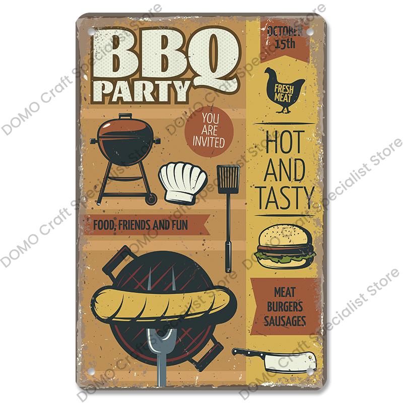 Vintage Barbecue Plaques Metal Tin Signs Grill Meat Steak Sausage Retro Metal Plate Wall Decor BBQ Party Shop Dining Room