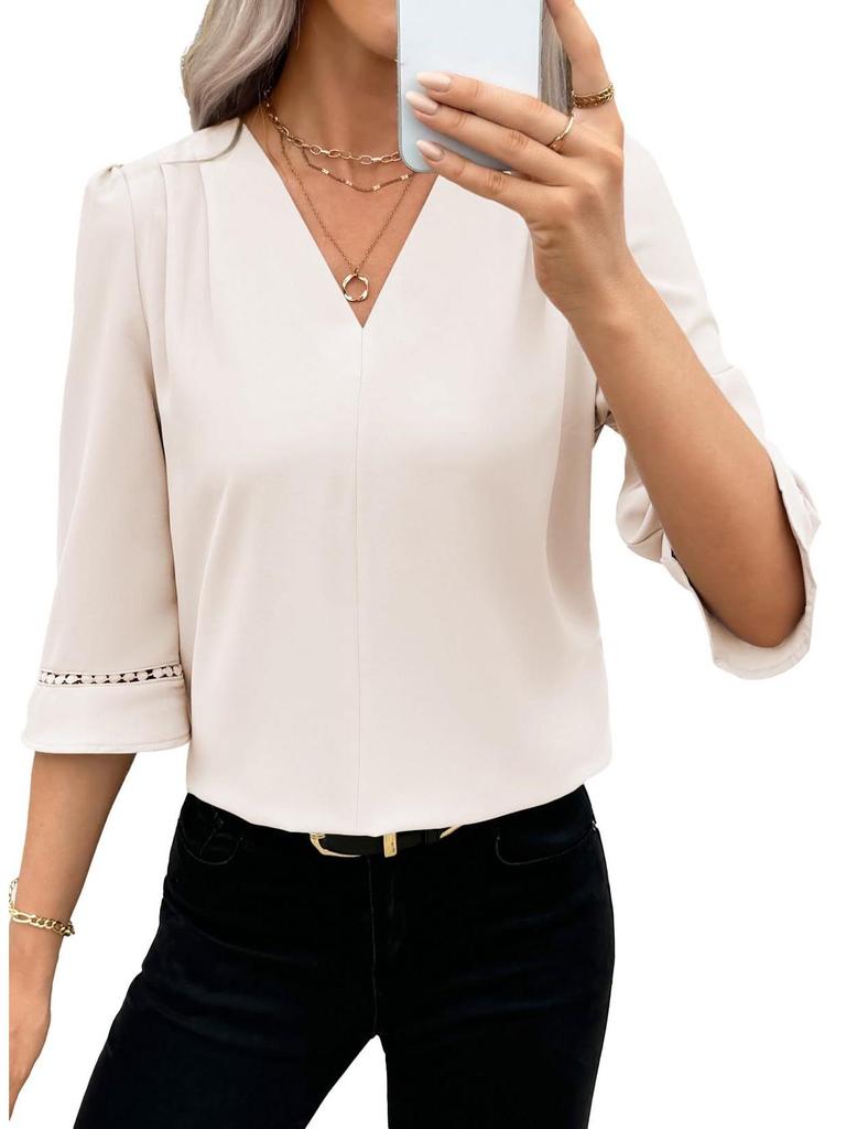 2026 Ny V-ringad Satinklänning Dam Puffärm Enfärgad Lös Passform Topp