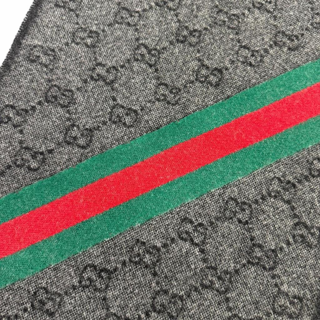 Great GUCCI Scarf GG Logo All-over Print Web Stripe Gray Wool 570603 Used