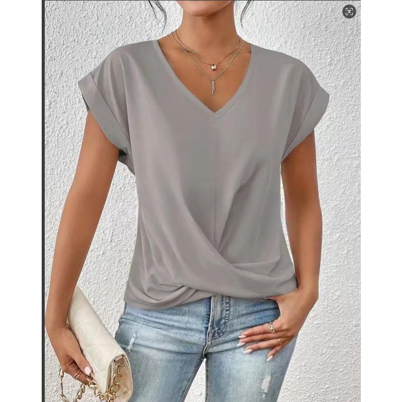 Women's New Summer Solid Color V-neck Short-sleeved T-shirt Casual Twist Hem Top