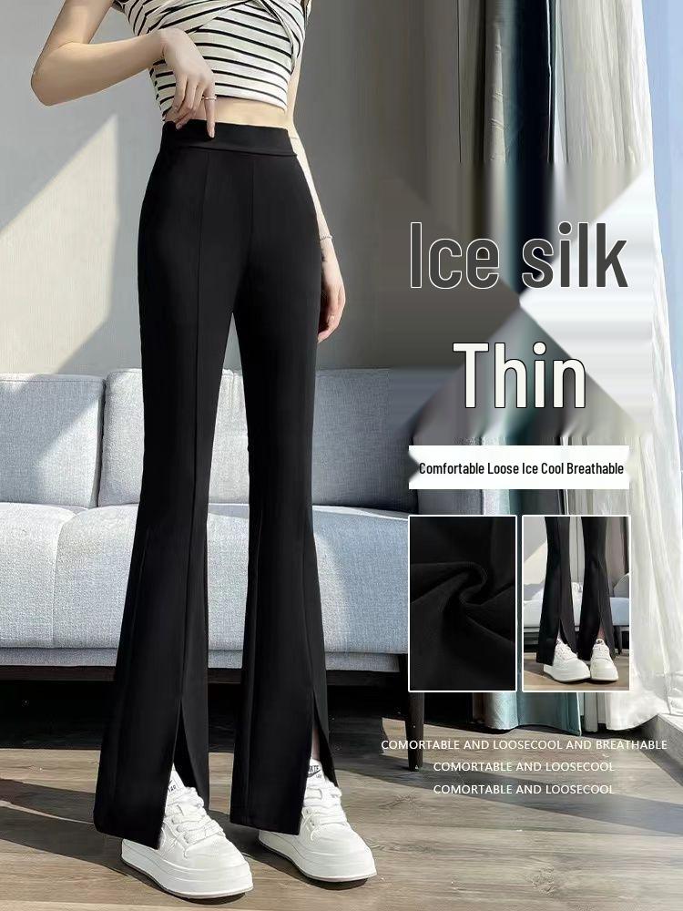 Women's High Waist Flared Black Pants - Slimming, Elastic, Split Hem, Casual - Small Size for Petite Figures, Summer Wear