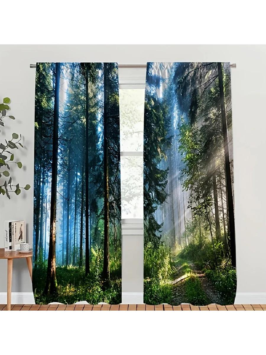 2 шт. Шторы с принтом «Тропа в туманном лесу», Разработаны для фильтрации света, Качественный материал, Идеально подходят для оконного декора дома в стиле природы 24x59in(60x150CM)x2&Rod Pocket