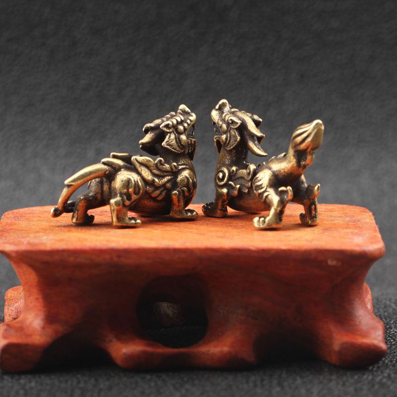 Antique Copper Chinese Mythical Beast Pixiu Miniature Figurines 1 Pair Ornaments Brass Lucky Animal Qi Lin Desktop Decorations