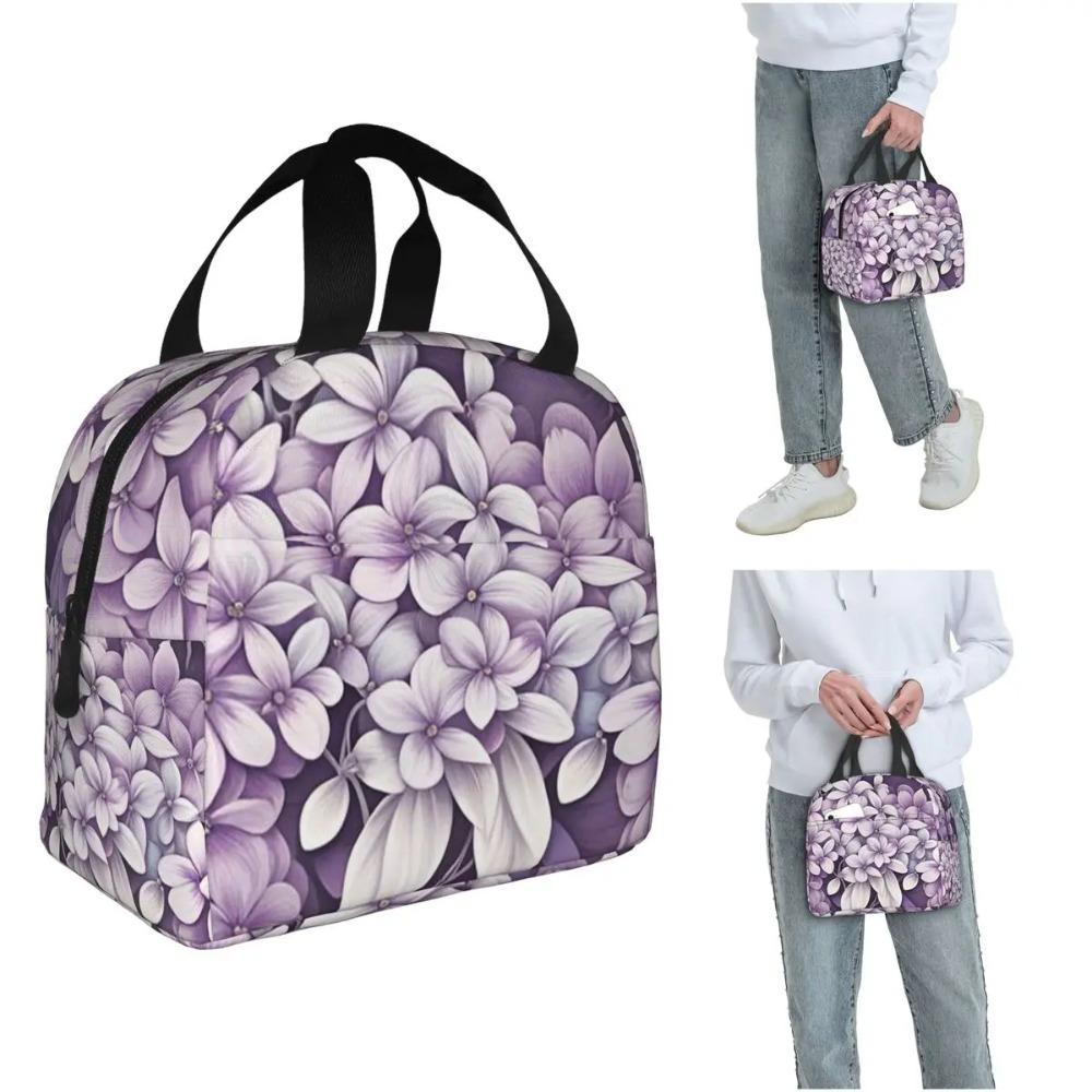 Light Purple Floral Pattern Insulated Lunch Bag for Women Children Leakproof Food Boxes Thermal Lunch Box Tote