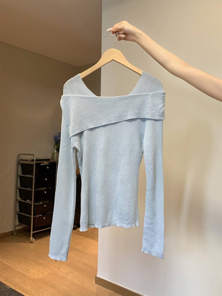 Chic One-word Shoulder Knitted Bottoming Shirt Women's Spring Slim-fit Spice Girls Irregular Inner Top Temperament Sweater