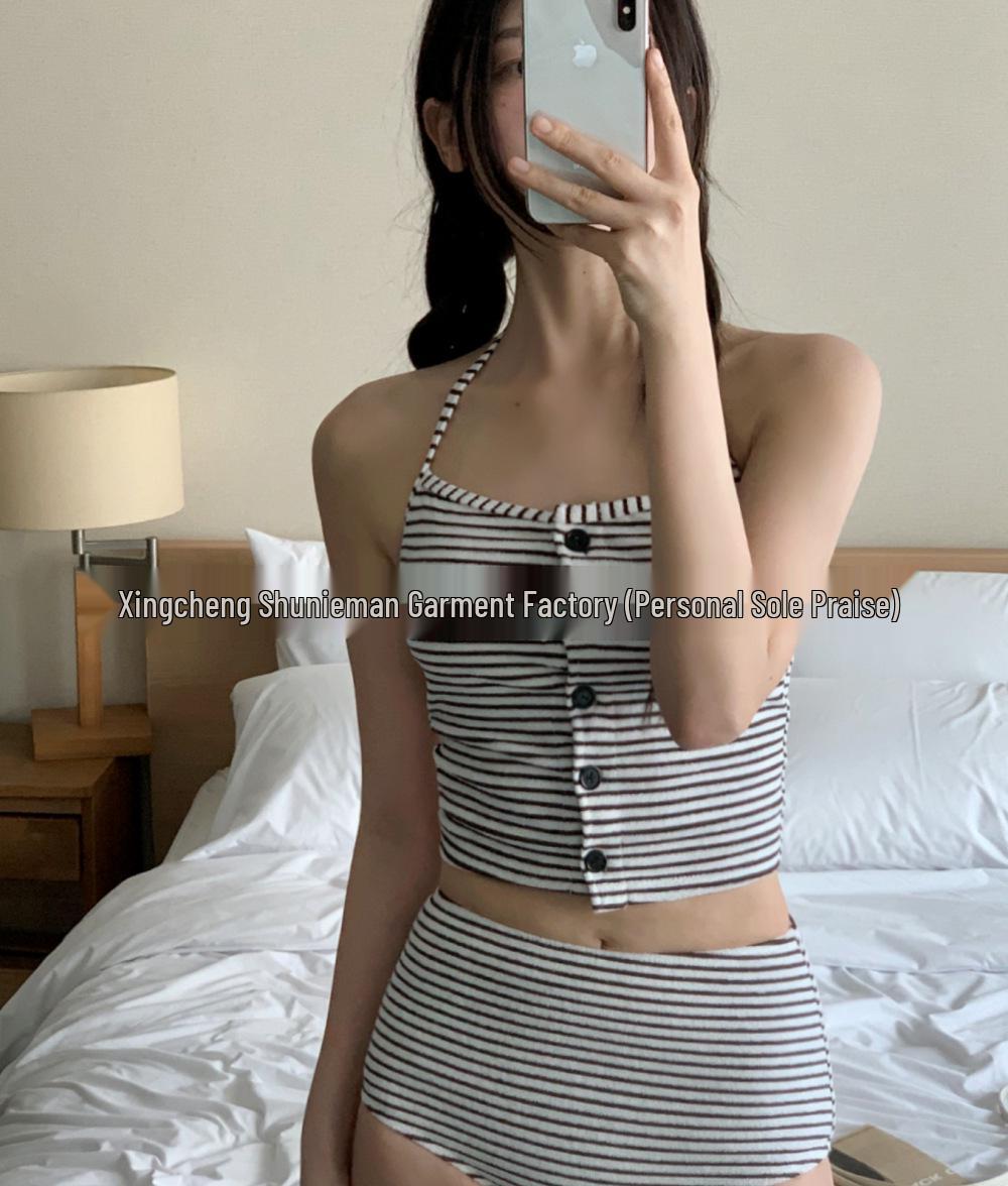 

Женский корейский полосатый купальник-бикини - Стильный купальник для маленькой груди XL чёрный