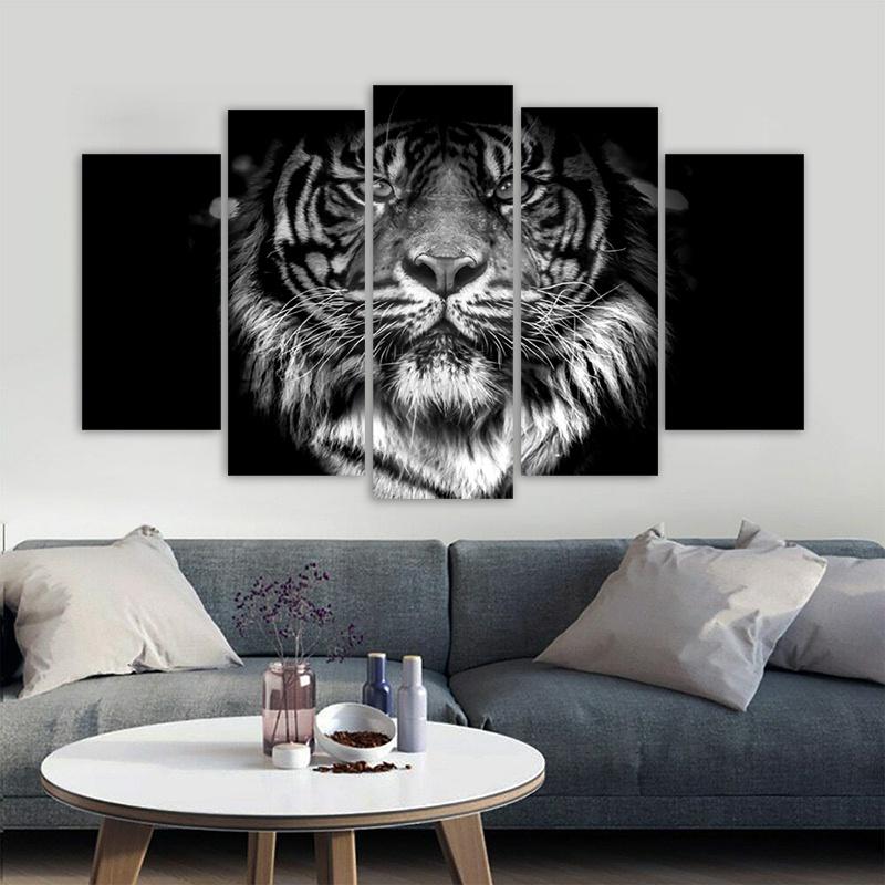 

5 Panels Tiger Posters Wall Art Picture for Living Room Animal Canvas Painting Home Decoration Black and White Prints No frame 20x35 20x45 20x55cm