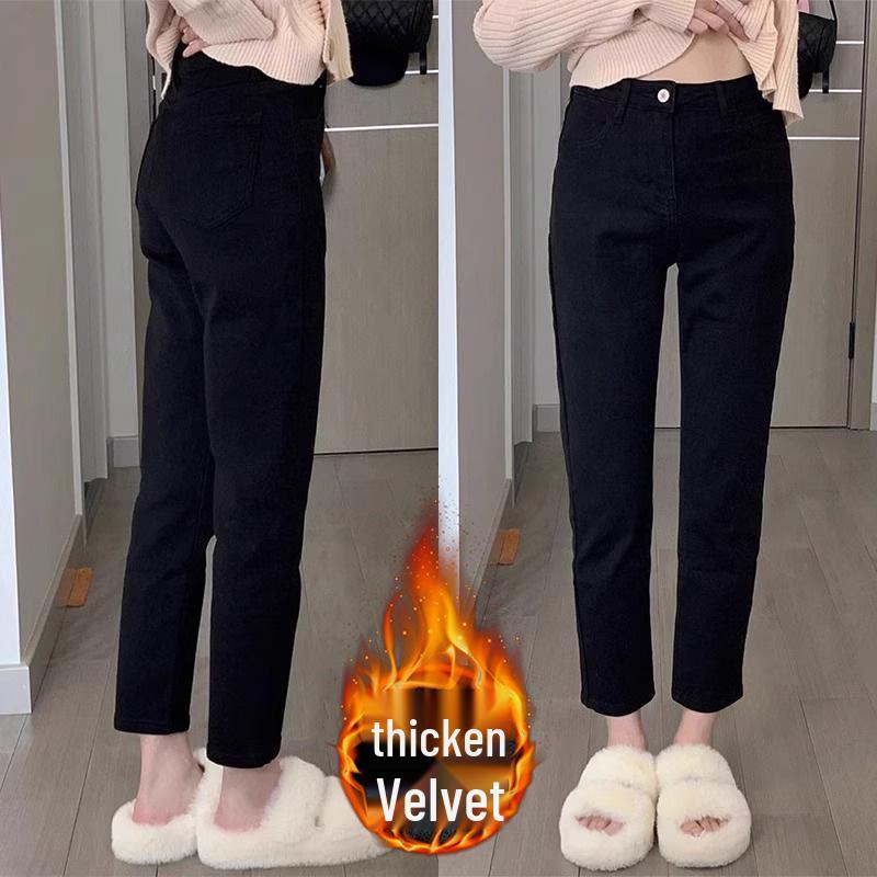 Women's High Waist Black Fleece-Lined Plus Size Slimming Straight Leg Jeans