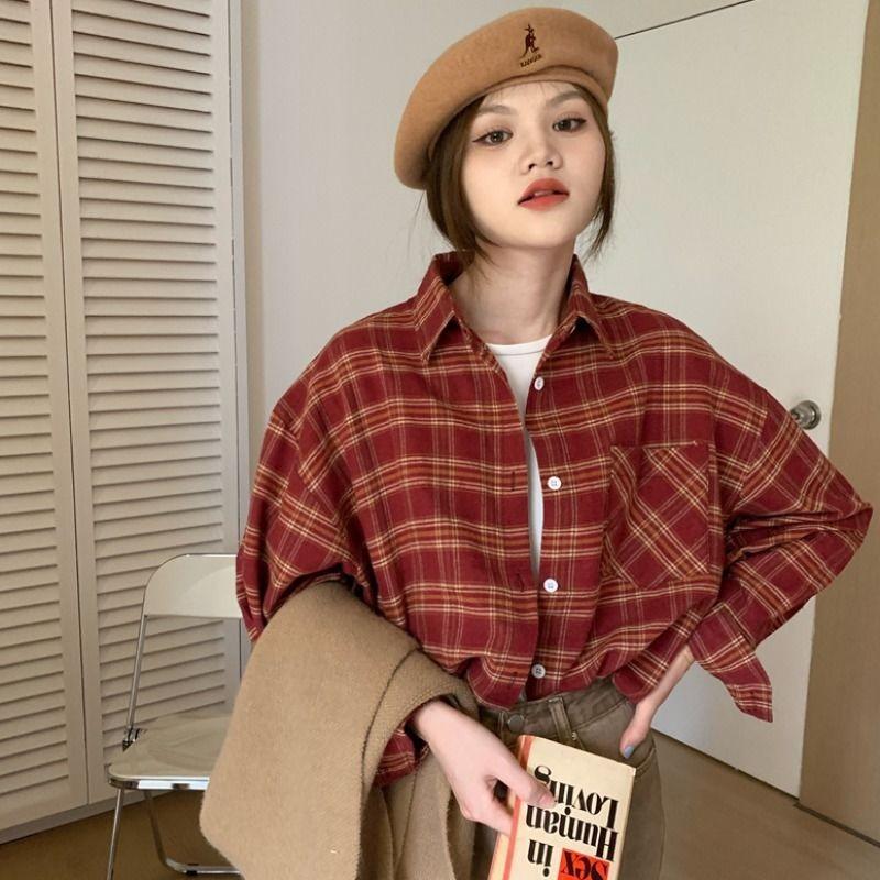 

Long-sleeved Brushed Lapel Plaid Shirt for Women Autumn and Winter Korean Style Loose Versatile and Chic Top L червоний