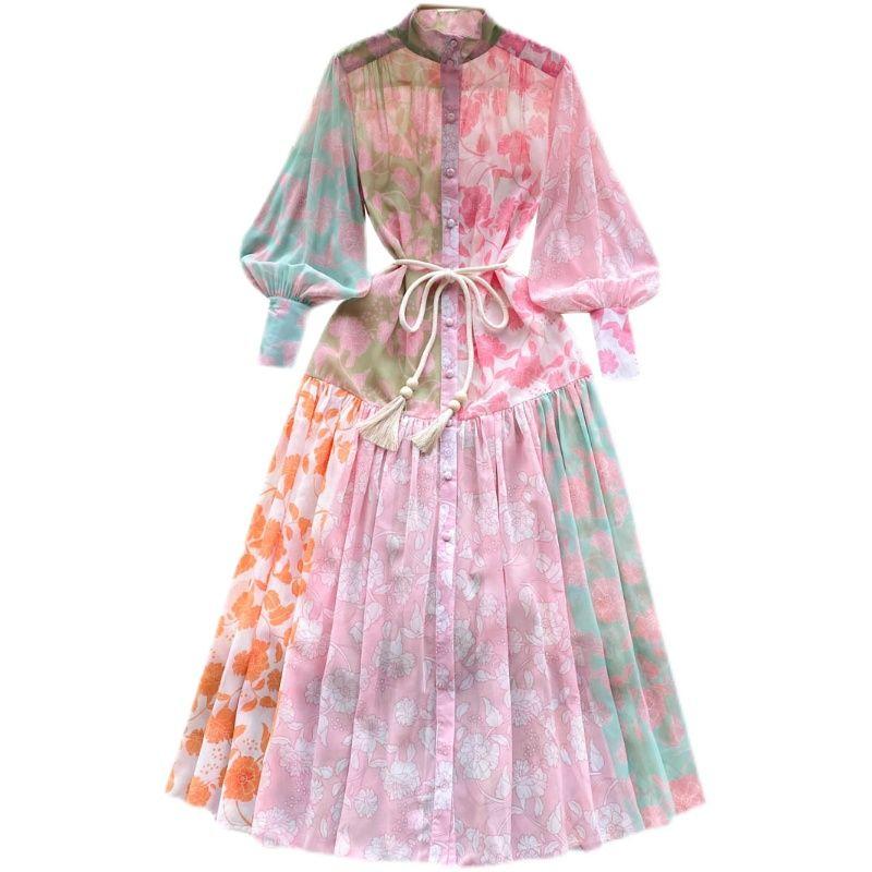 French Stand Collar Single-Breasted Long Sleeve Print Dress